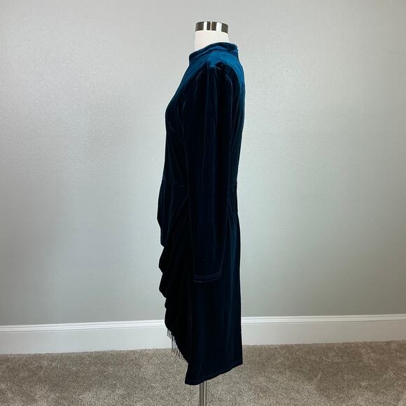 Tahari ASL Long Sleeve Velvet Sheath Cocktail Dress Blue Size 16 Beaded Sash - Picture 5 of 15